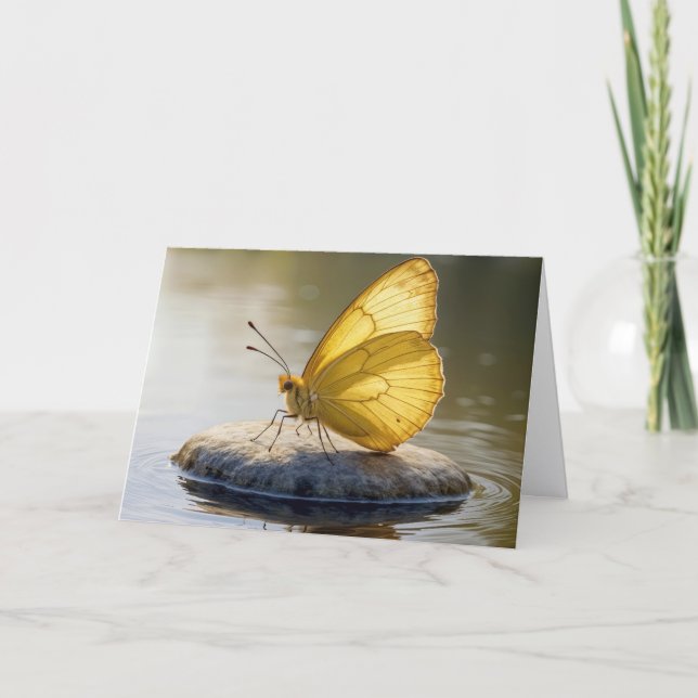 Cartão Birthday Golden Butterfly On a Rock in Water (Frente)