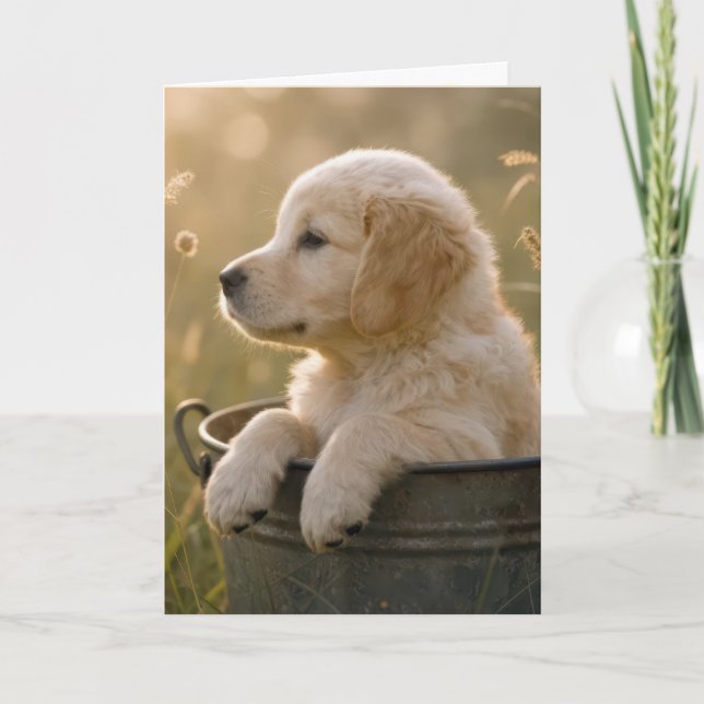 Cartão Birthday Golden Retriever Puppy in a Bucket (Frente)
