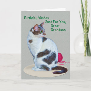 Cartão Birthday, Great Grandson, Green-Eyed Cat Card