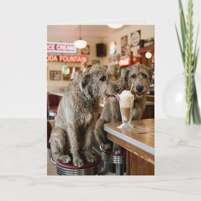 Cartão Birthday Irish Wolfhounds Enjoying a Milkshake (Frente)