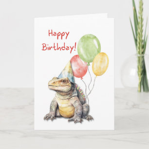 Cartão Birthday Komodo Dragon Lizard Party Hat Balloons
