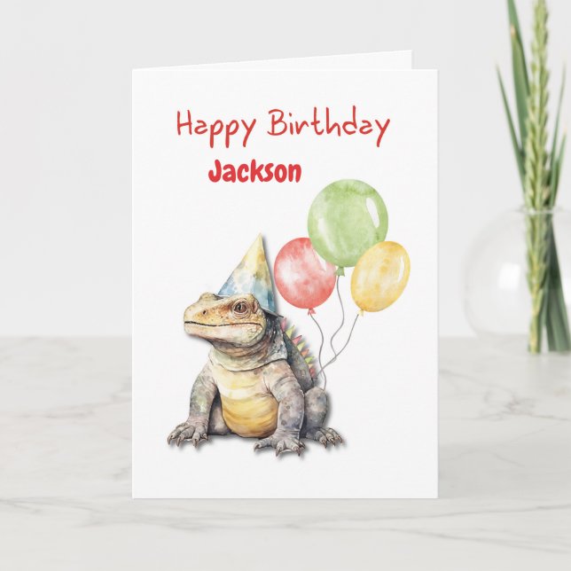 Cartão Birthday Komodo Dragon Lizard Party Hat Balloons (Frente)