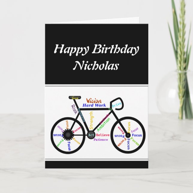 Cartão Birthday Motivational Bike Bicycle Nome Personaliz (Frente)