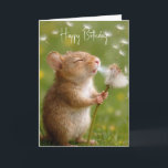 Cartão Birthday Mouse Blowing Dandelion Seedlings<br><div class="desc">A small mouse standing on its hind legs,  blowing dandelion seeds into the air against a backdrop of lush green grass,  creating a whimsical ambiance.
All text is editable.</div>