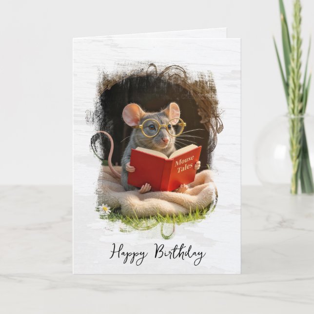 Cartão Birthday Mouse Reading a Book (Frente)