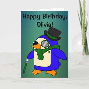 Cartão Birthday Penguin Teal Grassy Emerald Personalizáve