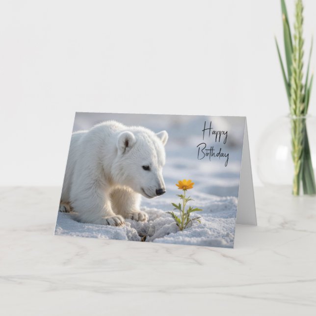 Cartão Birthday Polar Bear Cub Admiring a Daisy (Frente)