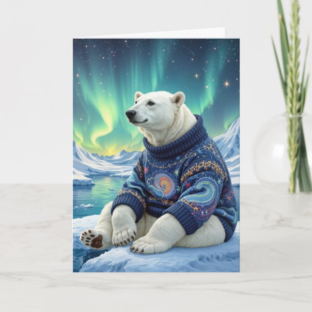 Cartão Birthday Polar Bear Sitting Under Northern Lights (Frente)