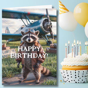 Cartão Birthday Raccoon Pilot & Airplane Photo Engraçado