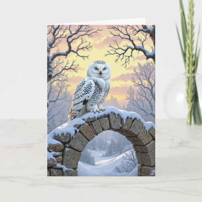 Cartão Birthday Snowy Owl On a Stone Arch (Frente)