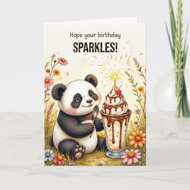 Cartão Birthday Sparkles Panda com Sorvete Sundae (Frente)