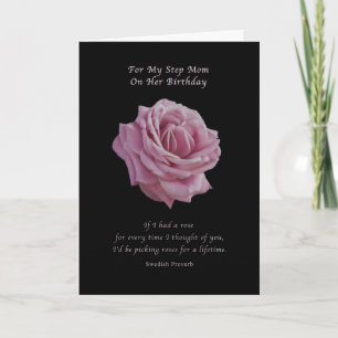 Cartão Birthday, Step Mom, Pink Rose on Black
