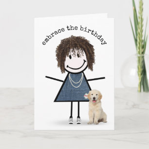 Cartão Birthday Stick Figure Girl com Ouro Retriever