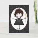 Cartão Birthday Stick Figure Girl for Friend<br><div class="desc">Bonita figura de palito com cabelo,  tênis,  vestido de bolinhas,  colar de pérolas e buquê de margarida sobre fundo de bolinhas preto e branco.</div>