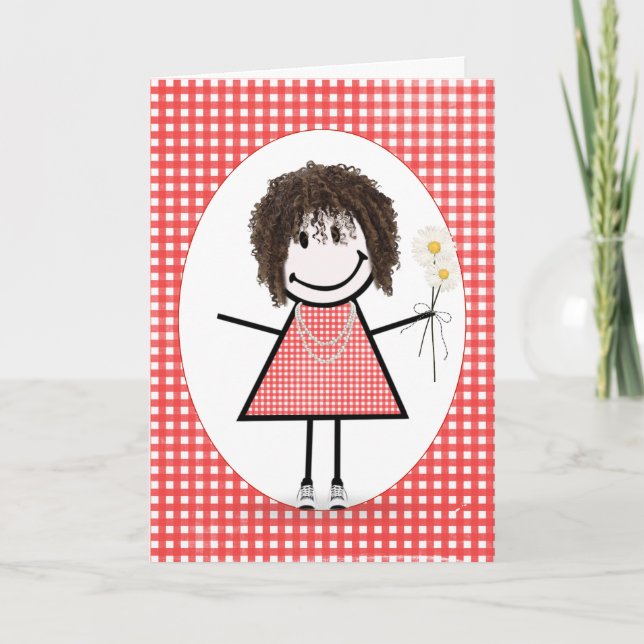 Cartão Birthday Stick Figure Girl On Red Gingham (Frente)