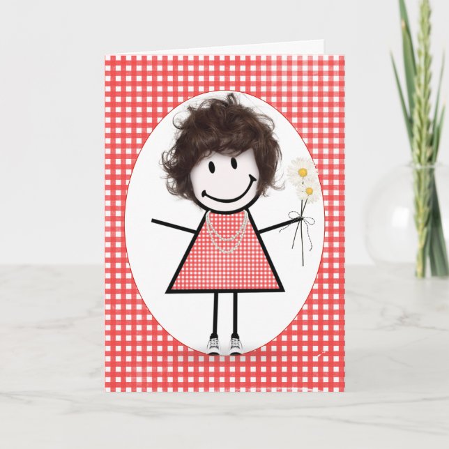 Cartão Birthday Stick Figure Girl On Red Gingham (Frente)