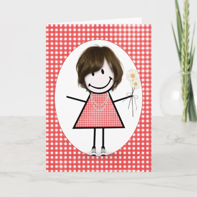 Cartão Birthday Stick Figure Girl On Red Gingham (Frente)