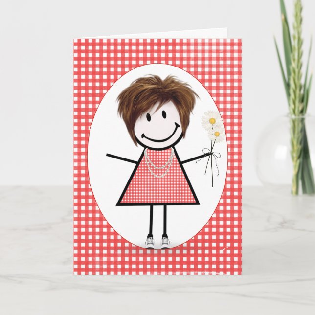 Cartão Birthday Stick Figure Girl On Red Gingham (Frente)