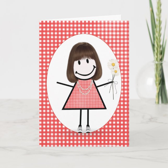 Cartão Birthday Stick Figure Girl On Red Gingham (Frente)