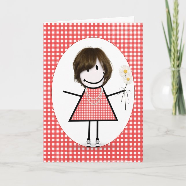 Cartão Birthday Stick Figure Girl On Red Gingham (Frente)