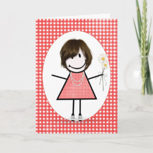 Cartão Birthday Stick Figure Girl On Red Gingham