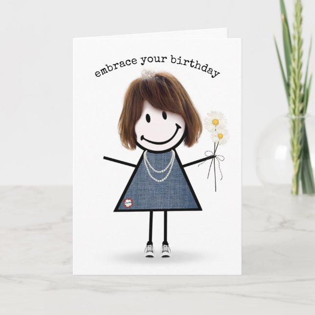Cartão Birthday Stick Figure Girl with Daisiers (Frente)