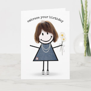 Cartão Birthday Stick Figure Girl with Daisiers