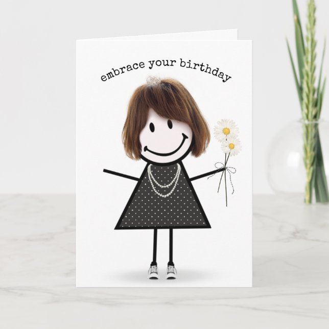 Cartão Birthday Stick Figure Girl with Daisiers (Frente)