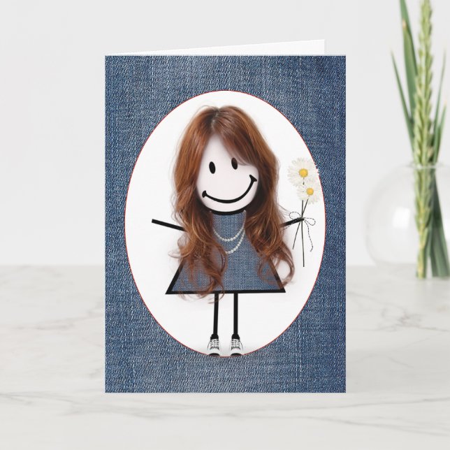 Cartão Birthday Stick Figure Girl with Daisiers (Frente)