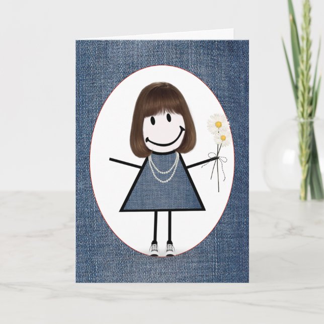 Cartão Birthday Stick Figure Girl with Daisiers (Frente)
