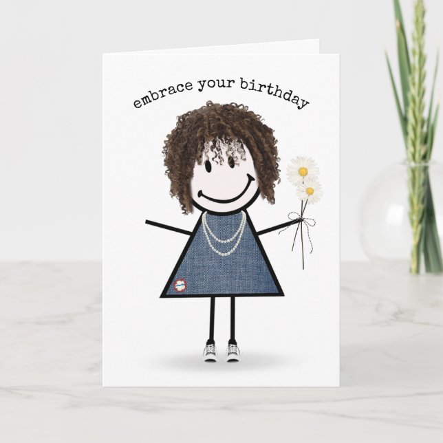 Cartão Birthday Stick Figure Girl with Daisiers (Frente)
