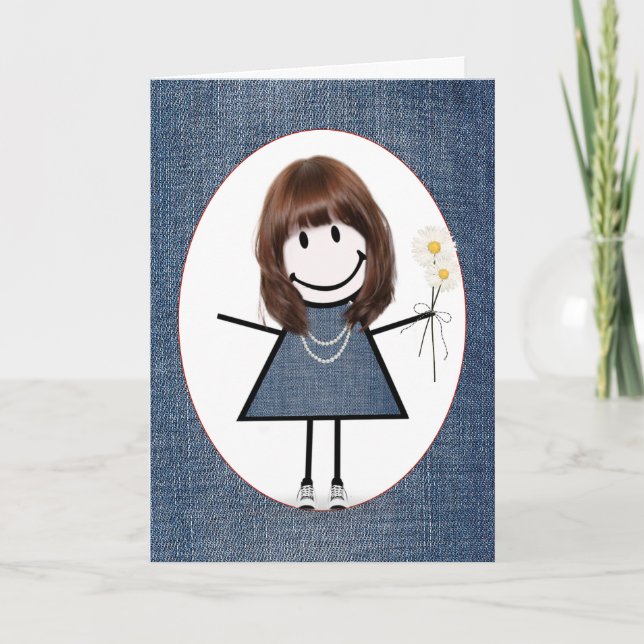 Cartão Birthday Stick Figure Girl with Daisiers (Frente)