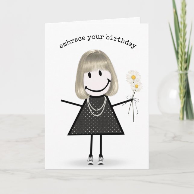 Cartão Birthday Stick Figure Girl with Daisiers (Frente)