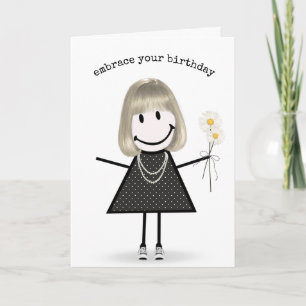 Cartão Birthday Stick Figure Girl with Daisiers