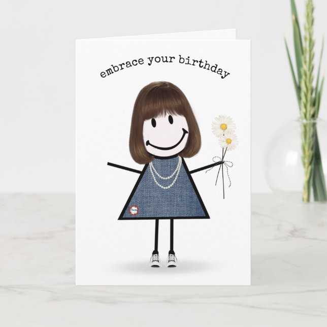 Cartão Birthday Stick Figure Girl with Daisiers (Frente)