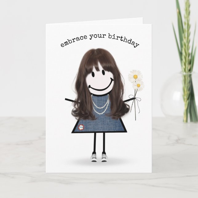Cartão Birthday Stick Figure Girl with Daisiers (Frente)