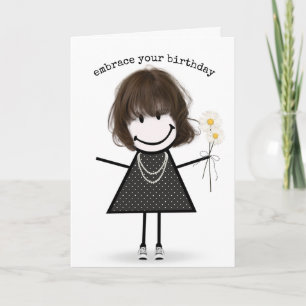 Cartão Birthday Stick Figure Girl with Daisiers