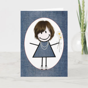 Cartão Birthday Stick Figure Girl with Daisiers