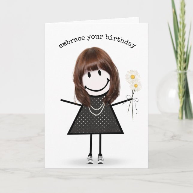 Cartão Birthday Stick Figure Girl with Daisiers (Frente)