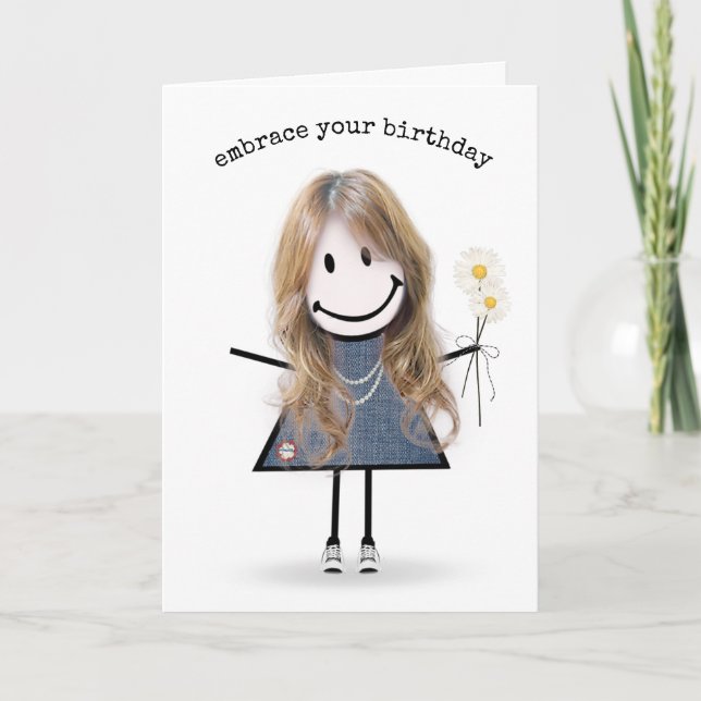 Cartão Birthday Stick Figure Girl with Daisiers (Frente)