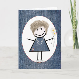 Cartão Birthday Stick Figure Girl with Daisiers