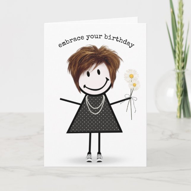 Cartão Birthday Stick Figure Girl with Daisiers (Frente)
