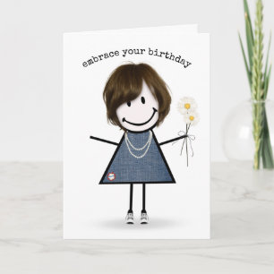 Cartão Birthday Stick Figure Girl with Daisiers