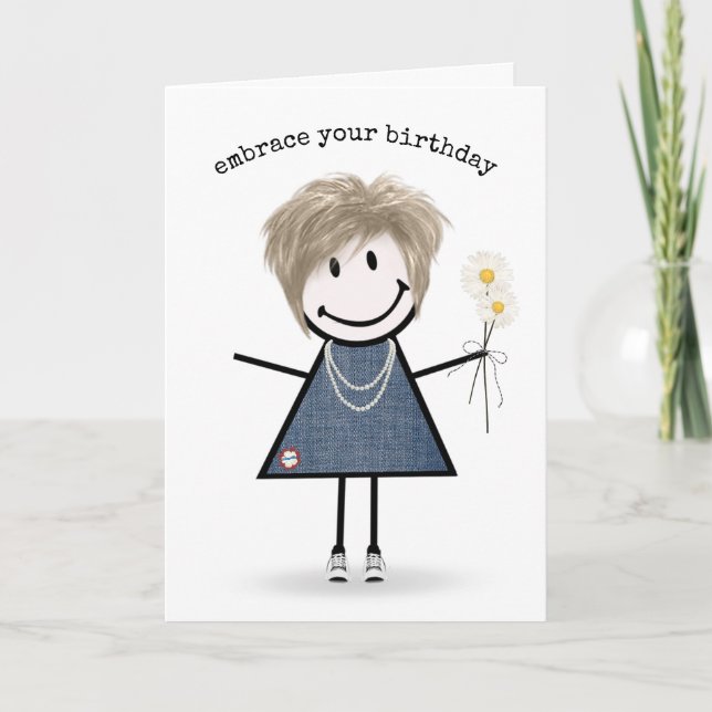 Cartão Birthday Stick Figure Girl with Daisiers (Frente)