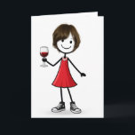 Cartão Birthday Stick Figure Girl with Wine Glass<br><div class="desc">Cute stick figure girl with bobbed dark hair,  wearing a red dress,  pearls,  and sneakers,  holding a glass of red wine on a white background.
Background color can be changed.
Text is editable.</div>