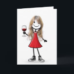 Cartão Birthday Stick Figure Girl with Wine Glass<br><div class="desc">Cute stick figure girl with long blond hair,  wearing a red dress,  pearls,  and sneakers,  holding a glass of red wine on a white background.
Background color can be changed.
Text is editable.</div>