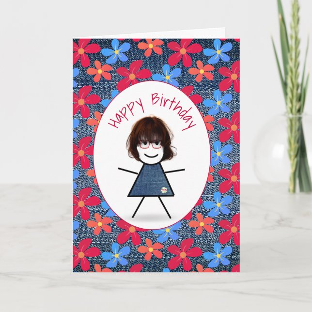 Cartão Birthday Stick Girl and Daisies On Blue Denim (Frente)