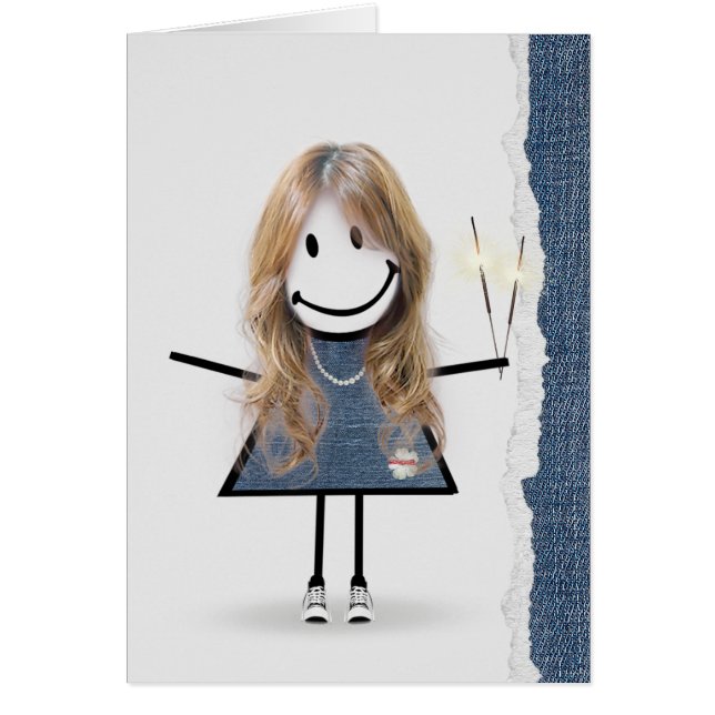 Cartão Birthday Stick Girl com Sparklers (Frente)