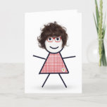 Cartão Birthday Stick Girl for Sister<br><div class="desc">Garota bonitinha com cabelo,  óculos vermelhos e vestido de gingham em um fundo branco para o aniversário da irmã.</div>