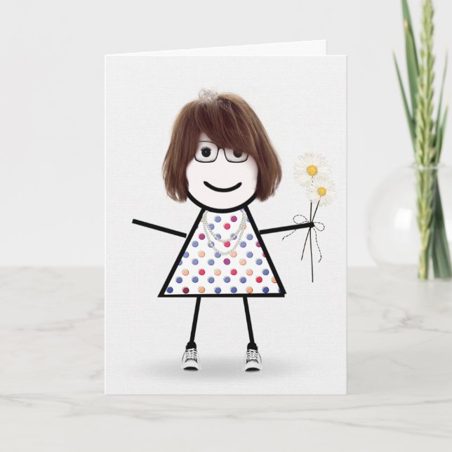 Cartão Birthday Stick Girl With Daisies Card (Frente)